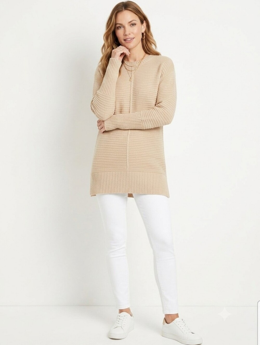 Nine West Beige Ribbed Tunic Sweater Small